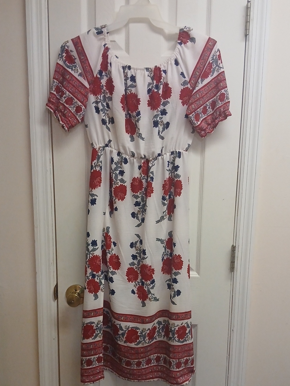 ​Boho Floral On/Off Shoulder Midi Dress with 15.5" Split  Boho Vacation Wear L